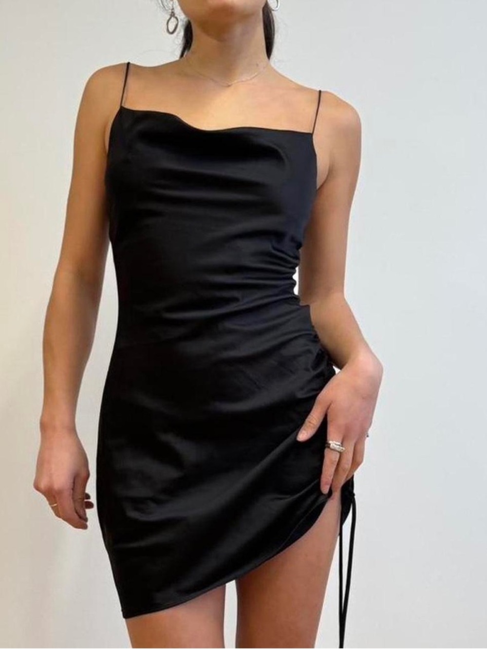 Topshop Black Ruched Satin Cowl Slip Mini Dress